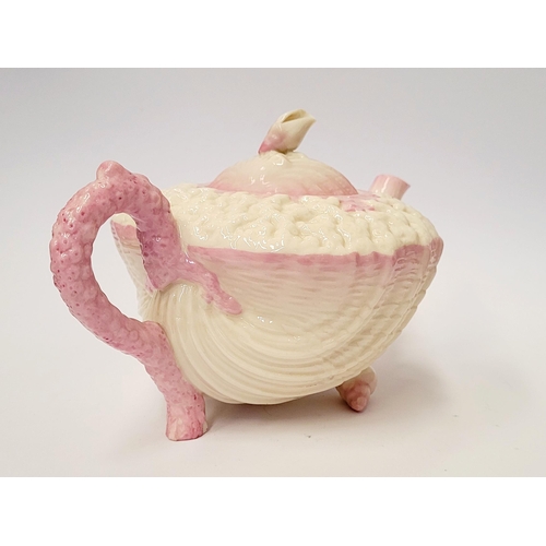 193 - A PINK & WHITE NEPTUNE BELLEEK SECOND BLACK MARK TEA POT, second black mark to the base: 1891-1926. ... 