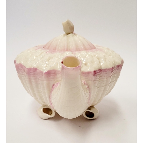 193 - A PINK & WHITE NEPTUNE BELLEEK SECOND BLACK MARK TEA POT, second black mark to the base: 1891-1926. ... 