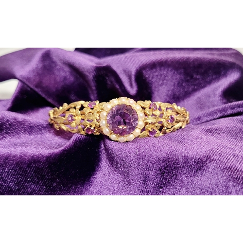 2 - A REALLY BEAUTIFUL 9CT YELLOW GOLD PEARL & AMETHYST BANGLE, the piece has wonderful goldsmith crafts... 