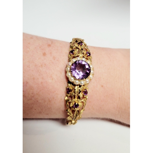 2 - A REALLY BEAUTIFUL 9CT YELLOW GOLD PEARL & AMETHYST BANGLE, the piece has wonderful goldsmith crafts... 