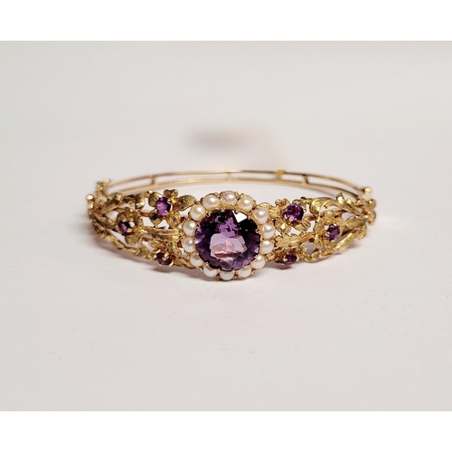 2 - A REALLY BEAUTIFUL 9CT YELLOW GOLD PEARL & AMETHYST BANGLE, the piece has wonderful goldsmith crafts... 