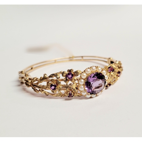 2 - A REALLY BEAUTIFUL 9CT YELLOW GOLD PEARL & AMETHYST BANGLE, the piece has wonderful goldsmith crafts... 