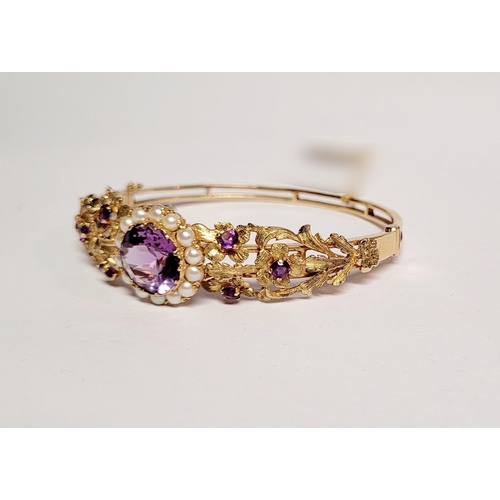 2 - A REALLY BEAUTIFUL 9CT YELLOW GOLD PEARL & AMETHYST BANGLE, the piece has wonderful goldsmith crafts... 