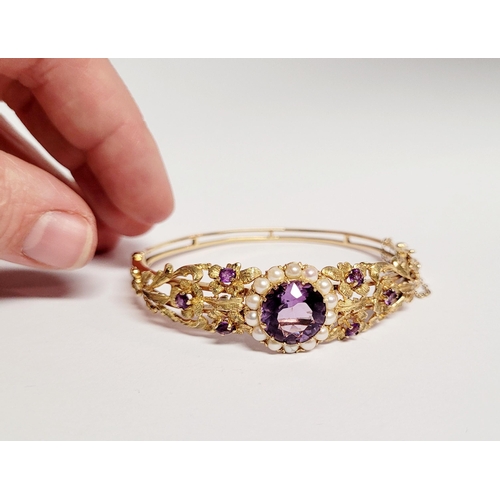 2 - A REALLY BEAUTIFUL 9CT YELLOW GOLD PEARL & AMETHYST BANGLE, the piece has wonderful goldsmith crafts... 