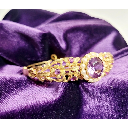 2 - A REALLY BEAUTIFUL 9CT YELLOW GOLD PEARL & AMETHYST BANGLE, the piece has wonderful goldsmith crafts... 