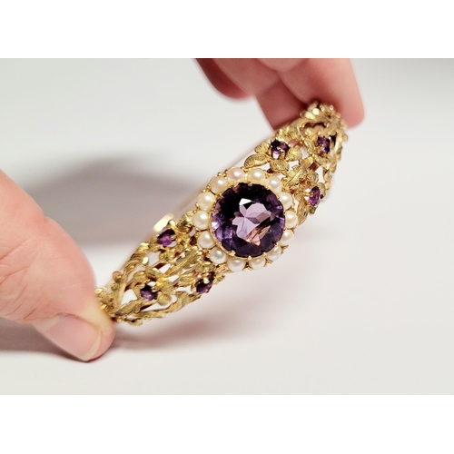 2 - A REALLY BEAUTIFUL 9CT YELLOW GOLD PEARL & AMETHYST BANGLE, the piece has wonderful goldsmith crafts... 