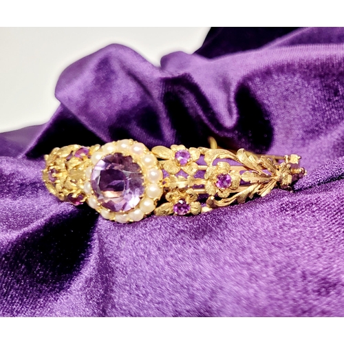 2 - A REALLY BEAUTIFUL 9CT YELLOW GOLD PEARL & AMETHYST BANGLE, the piece has wonderful goldsmith crafts... 