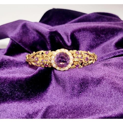 2 - A REALLY BEAUTIFUL 9CT YELLOW GOLD PEARL & AMETHYST BANGLE, the piece has wonderful goldsmith crafts... 