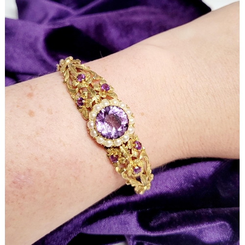 2 - A REALLY BEAUTIFUL 9CT YELLOW GOLD PEARL & AMETHYST BANGLE, the piece has wonderful goldsmith crafts... 