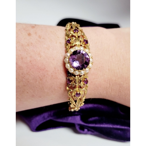 2 - A REALLY BEAUTIFUL 9CT YELLOW GOLD PEARL & AMETHYST BANGLE, the piece has wonderful goldsmith crafts... 