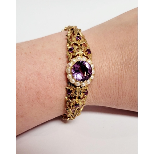 2 - A REALLY BEAUTIFUL 9CT YELLOW GOLD PEARL & AMETHYST BANGLE, the piece has wonderful goldsmith crafts... 