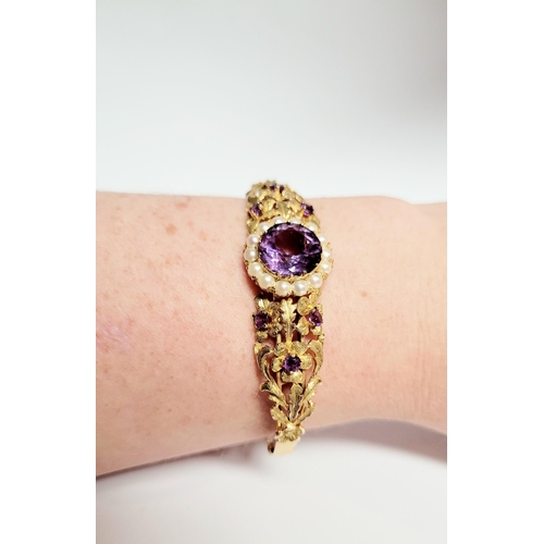 2 - A REALLY BEAUTIFUL 9CT YELLOW GOLD PEARL & AMETHYST BANGLE, the piece has wonderful goldsmith crafts... 