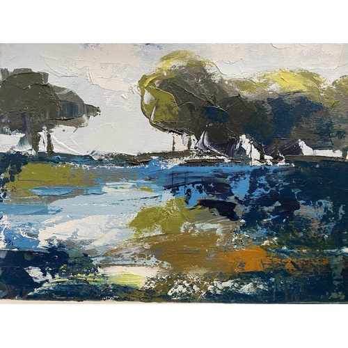 20 - MARTIN STONE (Irish, 20th Century), ‘LAND + WATER’, oil on canvas, signed lower right, inscribed ver... 