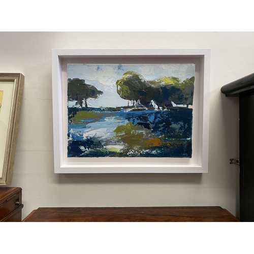 20 - MARTIN STONE (Irish, 20th Century), ‘LAND + WATER’, oil on canvas, signed lower right, inscribed ver... 