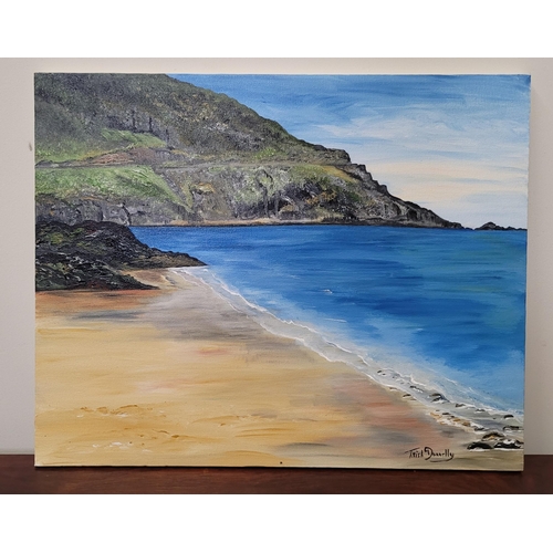 213 - TRISH DONNELLY, IRISH BEACH SCENE, acrylic on canvas, signed lower right. Dimensions: 50.5 x 40cm un... 