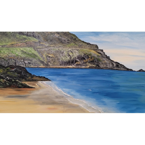 213 - TRISH DONNELLY, IRISH BEACH SCENE, acrylic on canvas, signed lower right. Dimensions: 50.5 x 40cm un... 