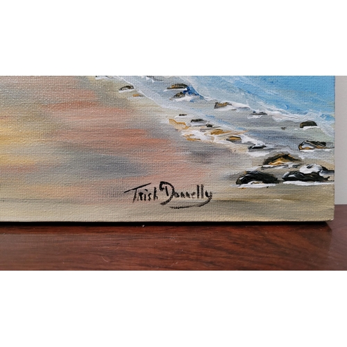 213 - TRISH DONNELLY, IRISH BEACH SCENE, acrylic on canvas, signed lower right. Dimensions: 50.5 x 40cm un... 