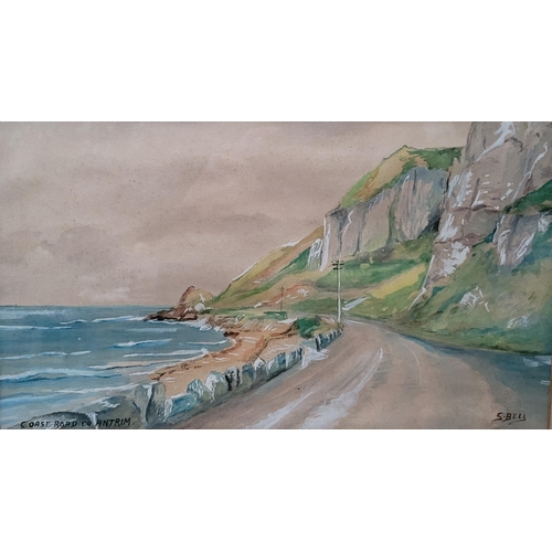 216 - S. BELL, (IRISH 20TH CENTURY), COAST ROAD, CO. ANTRIM, watercolour on paper, inscribed with location... 