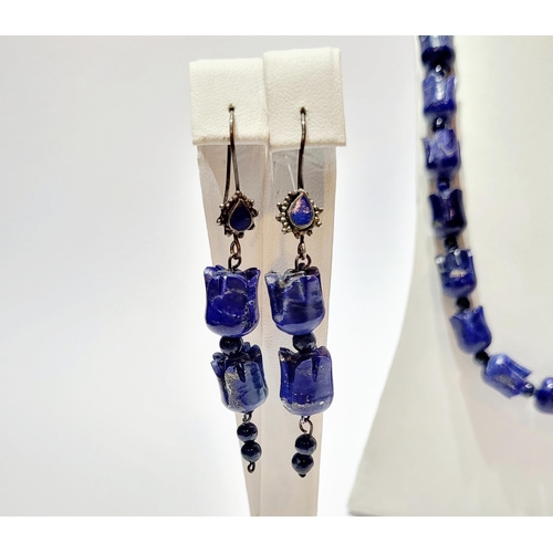 221 - A UNIQUE & BEAUTIFUL HAND CARVED LAPIS NECKLACE & EARRING SET, necklace comprising of individual car... 