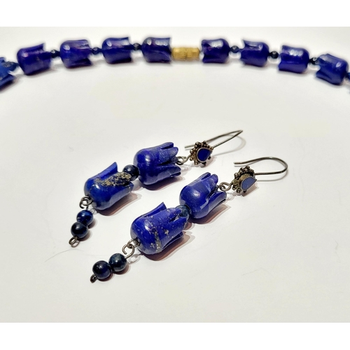 221 - A UNIQUE & BEAUTIFUL HAND CARVED LAPIS NECKLACE & EARRING SET, necklace comprising of individual car... 