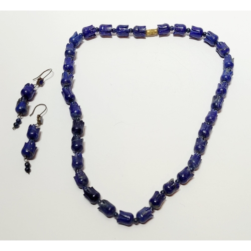 221 - A UNIQUE & BEAUTIFUL HAND CARVED LAPIS NECKLACE & EARRING SET, necklace comprising of individual car... 