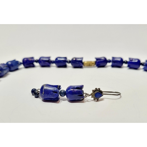 221 - A UNIQUE & BEAUTIFUL HAND CARVED LAPIS NECKLACE & EARRING SET, necklace comprising of individual car... 