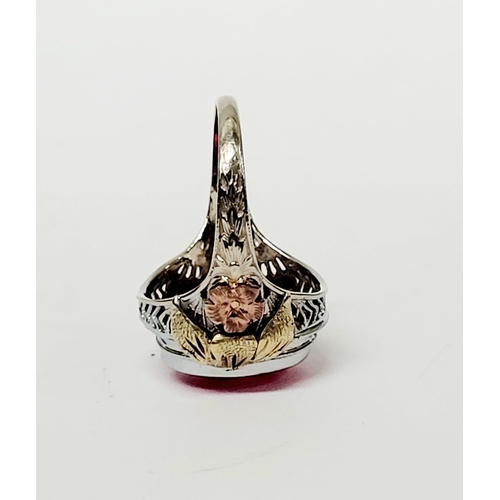 23 - A STUNNING 14CT WHITE GOLD PINK RUBY / TOURMALINE COCKTAIL RING, with yellow & rose gold accents to ... 