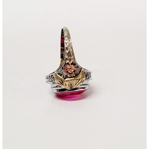 23 - A STUNNING 14CT WHITE GOLD PINK RUBY / TOURMALINE COCKTAIL RING, with yellow & rose gold accents to ... 