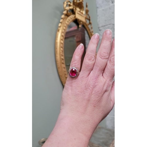 23 - A STUNNING 14CT WHITE GOLD PINK RUBY / TOURMALINE COCKTAIL RING, with yellow & rose gold accents to ... 