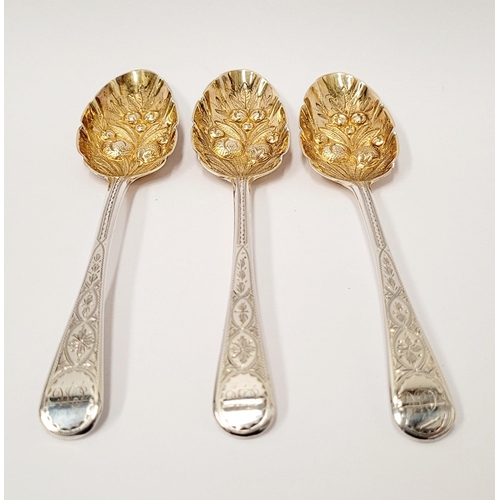 230 - THREE BEAUTIFUL BRIGHTCUT DECORATED MID 19TH CENTURY SILVER BERRY SPOONS with gilt bowls, having fru... 