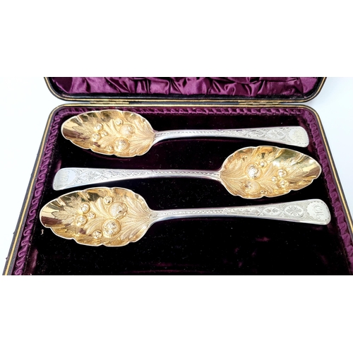 230 - THREE BEAUTIFUL BRIGHTCUT DECORATED MID 19TH CENTURY SILVER BERRY SPOONS with gilt bowls, having fru... 