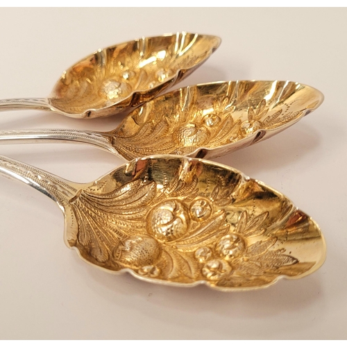 230 - THREE BEAUTIFUL BRIGHTCUT DECORATED MID 19TH CENTURY SILVER BERRY SPOONS with gilt bowls, having fru... 