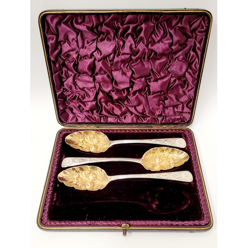 230 - THREE BEAUTIFUL BRIGHTCUT DECORATED MID 19TH CENTURY SILVER BERRY SPOONS with gilt bowls, having fru... 