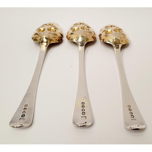 230 - THREE BEAUTIFUL BRIGHTCUT DECORATED MID 19TH CENTURY SILVER BERRY SPOONS with gilt bowls, having fru... 