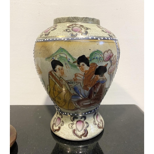 234 - A JAPANESE SATSUMA GINGER JAR, highly detailed with painted panels in rich colours to body depicting... 