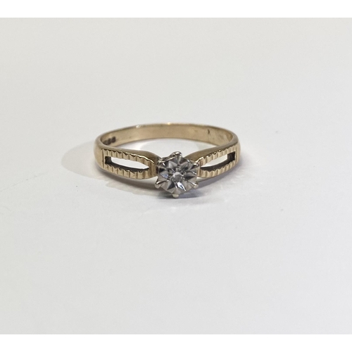 243 - A BEAUTIFUL 9CT YELLOW GOLD DIAMOND SOLITAIRE RING, round cut diamond pave set in decorative gypsy s... 