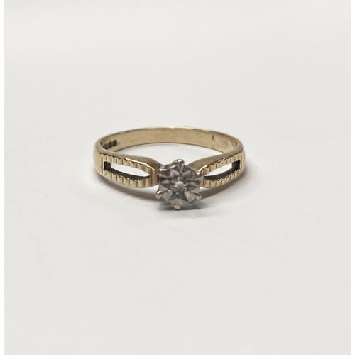 243 - A BEAUTIFUL 9CT YELLOW GOLD DIAMOND SOLITAIRE RING, round cut diamond pave set in decorative gypsy s... 