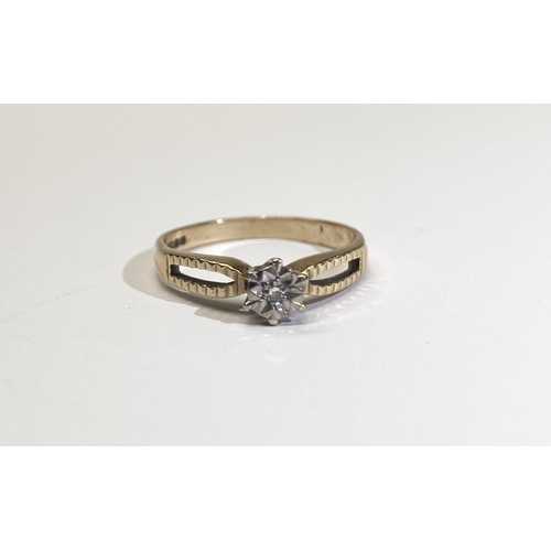 243 - A BEAUTIFUL 9CT YELLOW GOLD DIAMOND SOLITAIRE RING, round cut diamond pave set in decorative gypsy s... 