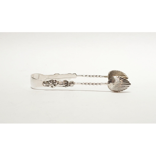 25 - A LATE 19TH CENTURY SILVER MONK SUGAR TONGS, each stem with a monk figure above a barley twist detai... 