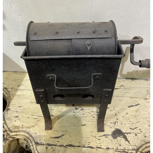 255 - A VINTAGE CAST COFFEE BEAN ROASTER, the cylinder has a sliding door which beans go in and then sit i... 