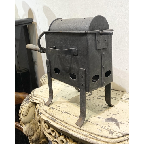 255 - A VINTAGE CAST COFFEE BEAN ROASTER, the cylinder has a sliding door which beans go in and then sit i... 