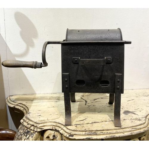 255 - A VINTAGE CAST COFFEE BEAN ROASTER, the cylinder has a sliding door which beans go in and then sit i... 