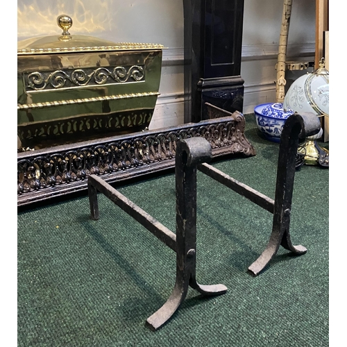 256 - A PAIR OF ANTIQUE CAST IRON ANDIRONS, dimensions: 41.5cm deep x 15.5cm wide x 34cm high approx.