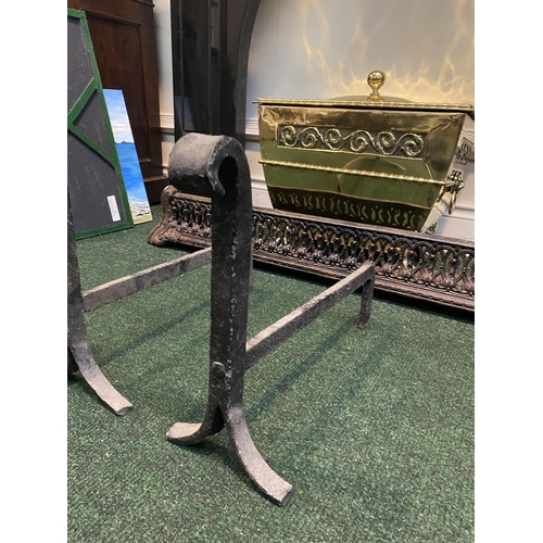 256 - A PAIR OF ANTIQUE CAST IRON ANDIRONS, dimensions: 41.5cm deep x 15.5cm wide x 34cm high approx.