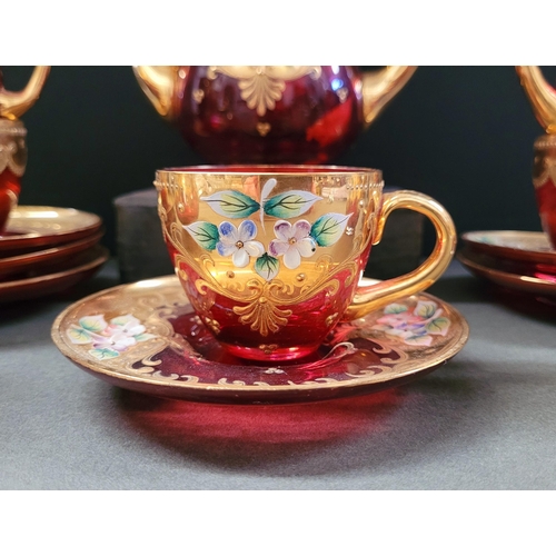 27 - A VINTAGE BOHEMIAN ENAMEL DECORATED COFFEE SET, complete with coffee pot, jug, sugar bowl, 6 cups & ... 