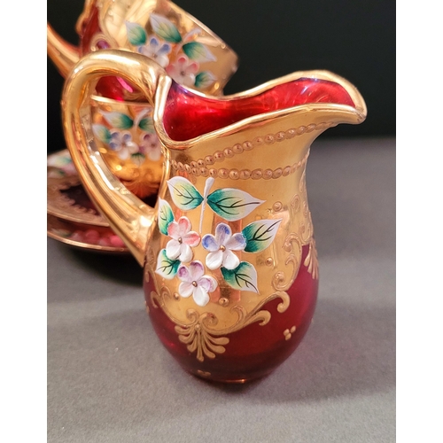 27 - A VINTAGE BOHEMIAN ENAMEL DECORATED COFFEE SET, complete with coffee pot, jug, sugar bowl, 6 cups & ... 