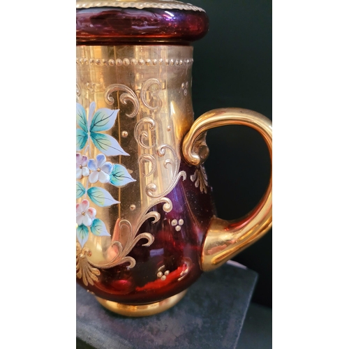 27 - A VINTAGE BOHEMIAN ENAMEL DECORATED COFFEE SET, complete with coffee pot, jug, sugar bowl, 6 cups & ... 