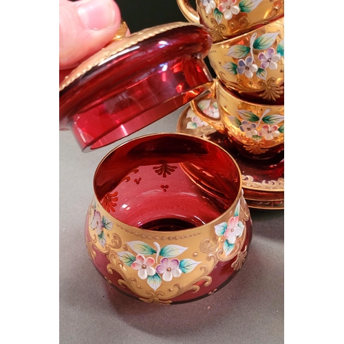 27 - A VINTAGE BOHEMIAN ENAMEL DECORATED COFFEE SET, complete with coffee pot, jug, sugar bowl, 6 cups & ... 