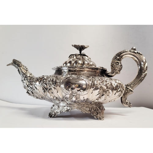 28 - A VERY FINE MID 19TH CENTURY IRISH SILVER TEA SET BY FREDERICK MANN & SON, the body of each piece ex... 