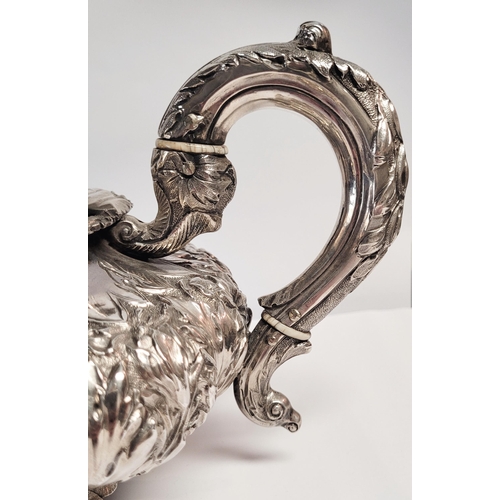 28 - A VERY FINE MID 19TH CENTURY IRISH SILVER TEA SET BY FREDERICK MANN & SON, the body of each piece ex... 